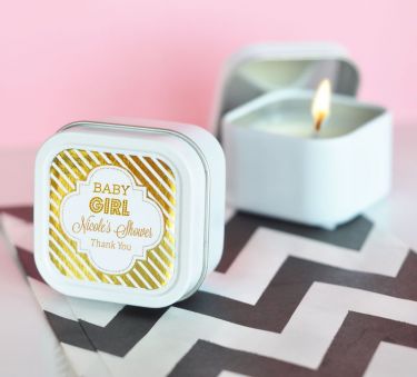 Personalized Metallic Foil Square Candle Tins - Baby