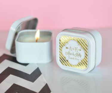 Personalized Metallic Foil Square Candle Tins - Wedding